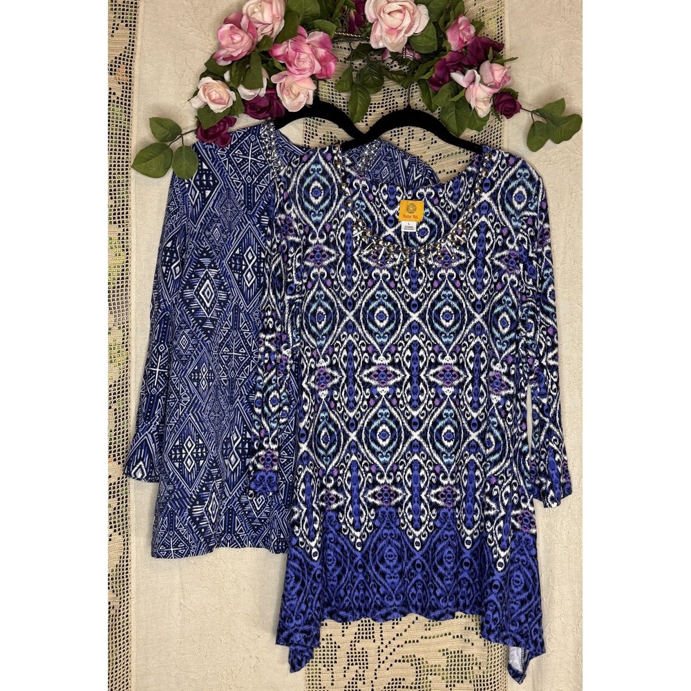 Ruby Rd Shirts Womens Large XL Blue Embellished 3/4 Sleeve Tunic Lot of 2 Beads